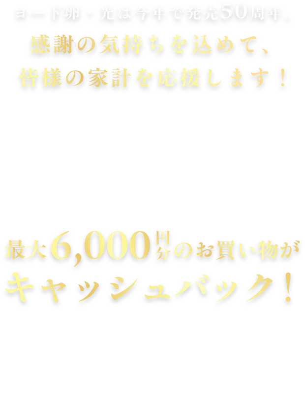 ヨード卵・光は今年で発売50周年。購入レシートと商品バーコードを送って応募すると、レシート金額に応じて最大6,000円分のお買い物がキャッシュバック！キャンペーン期間中2回の抽選で山分けし、えらべるPayが当たるチャンスがあります。